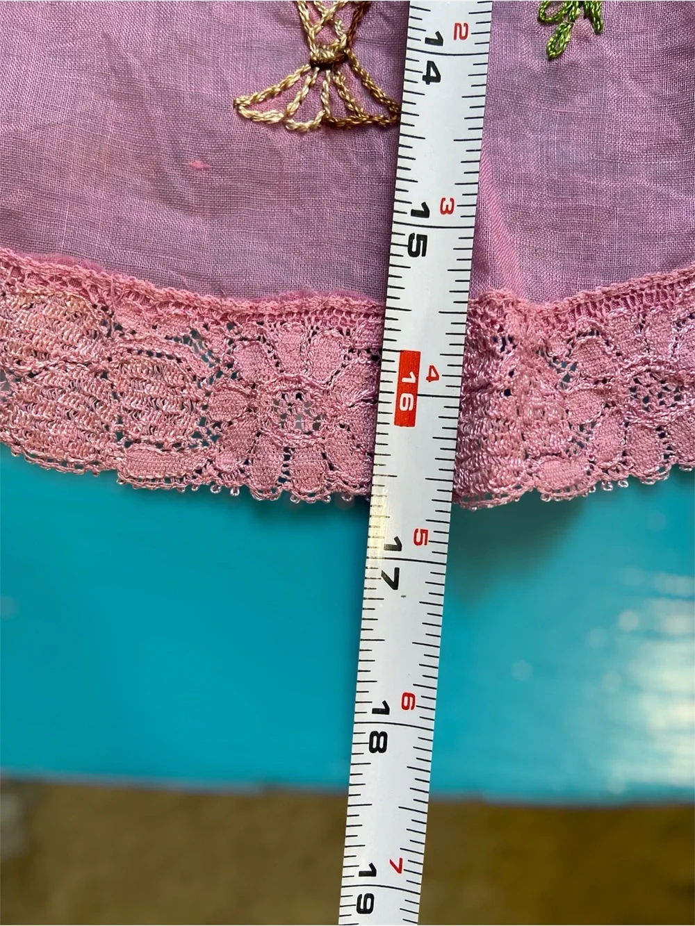 Vintage Sheer Pink Embroidered Half Apron with Lace Trim and Pink Satin Ties